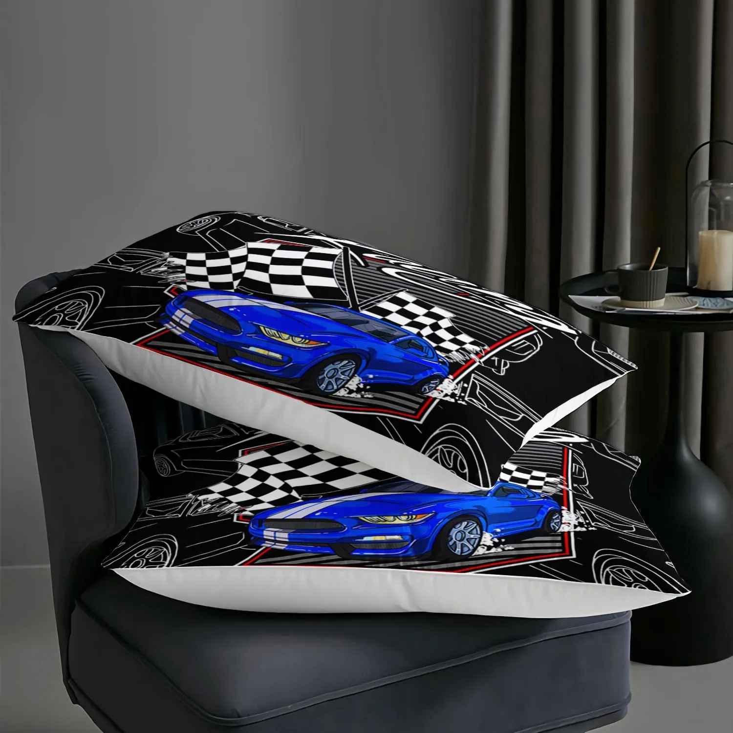 AILONEN Blue Racing Car Comforter Set Twin Size, Racing Flag Black White Bedding Set for Boys Kids Teens,Extreme Sports Bed in a Bag 3Pcs,1 Quilt and 2 Pillowcases,Soft Microfiber for All Season