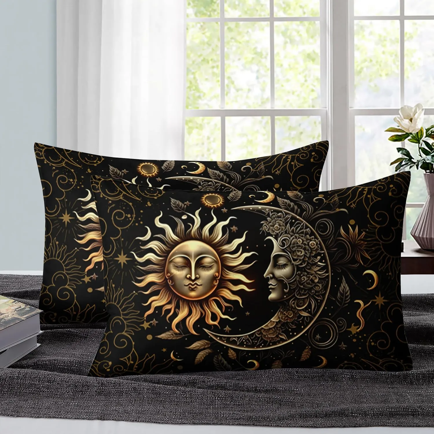 AILONEN Sun and Moon Comforter Set for Boys Girls, Full Black and Gold Mandala Boho Exotic Style Bedding Set, 3 Pieces Sky Could Star Print Bed in a Bag,1 Comforter with 2 Pillowcases