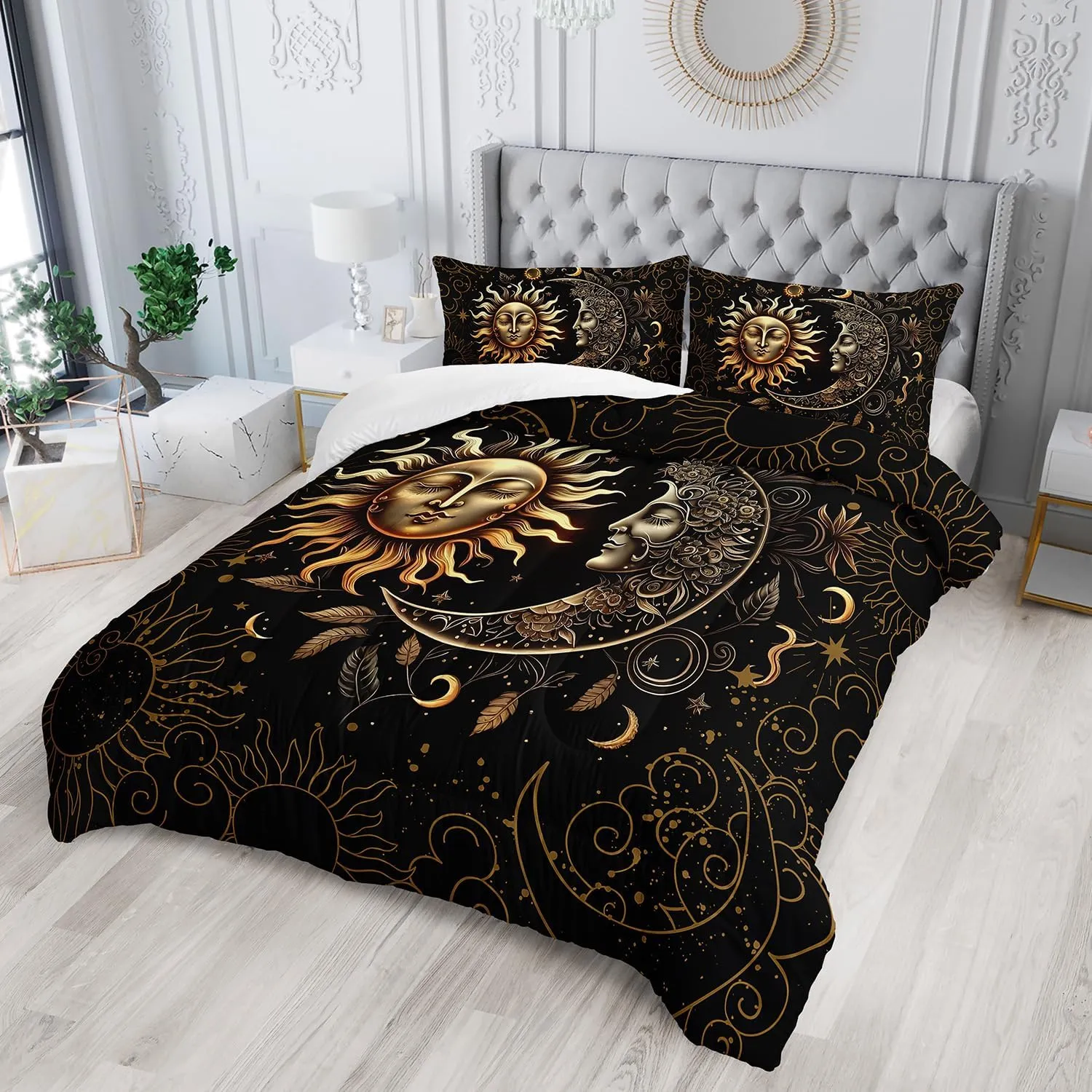 AILONEN Sun and Moon Comforter Set for Boys Girls, Full Black and Gold Mandala Boho Exotic Style Bedding Set, 3 Pieces Sky Could Star Print Bed in a Bag,1 Comforter with 2 Pillowcases