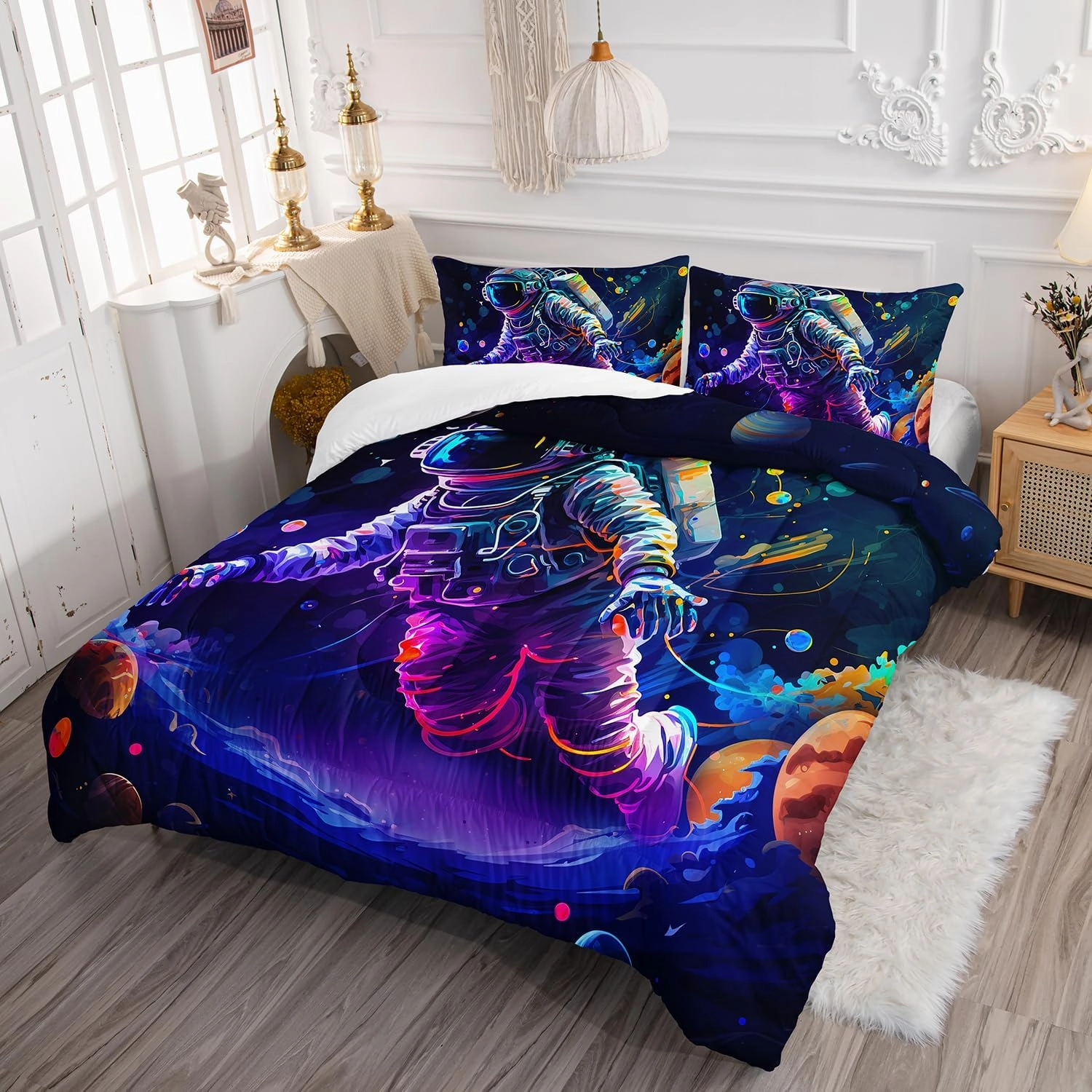 AILONEN 3D Astronaut Comforter Set Twin Size, Outer Space Bedding Set for Kids Girls Boys,Galaxy Bed in a Bag,Astronauts Walking in Space Duvet Set,1 Quilt   2 Pillowcases