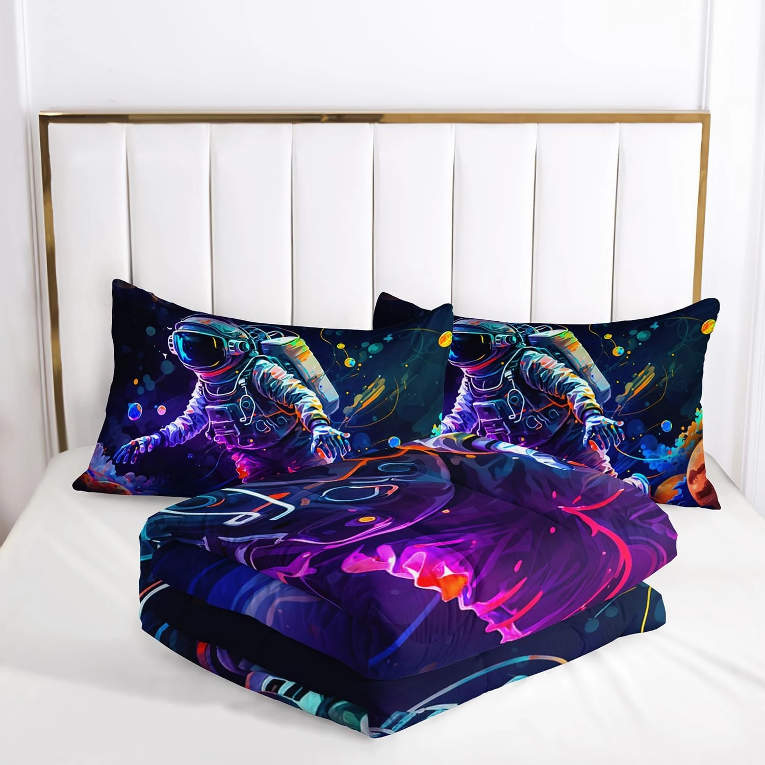 AILONEN 3D Astronaut Comforter Set Twin Size, Outer Space Bedding Set for Kids Girls Boys,Galaxy Bed in a Bag,Astronauts Walking in Space Duvet Set,1 Quilt   2 Pillowcases
