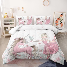 AILONEN Unicorn Bedding Set Full Size, Cartoon Unicorn with Ballerina Girl Comforter Set for Girls Teens Kids,Watercolor Pink Flowers Bed in a Bag,1 Quilt and 2 Pillowcases,3PCS