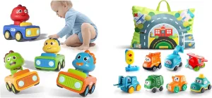 ALASOU 4 PCS Dinosaur Car and 8 PCS Baby Cartoon Car Toys with Playmat/Storage Bag for Infant and Toddlers