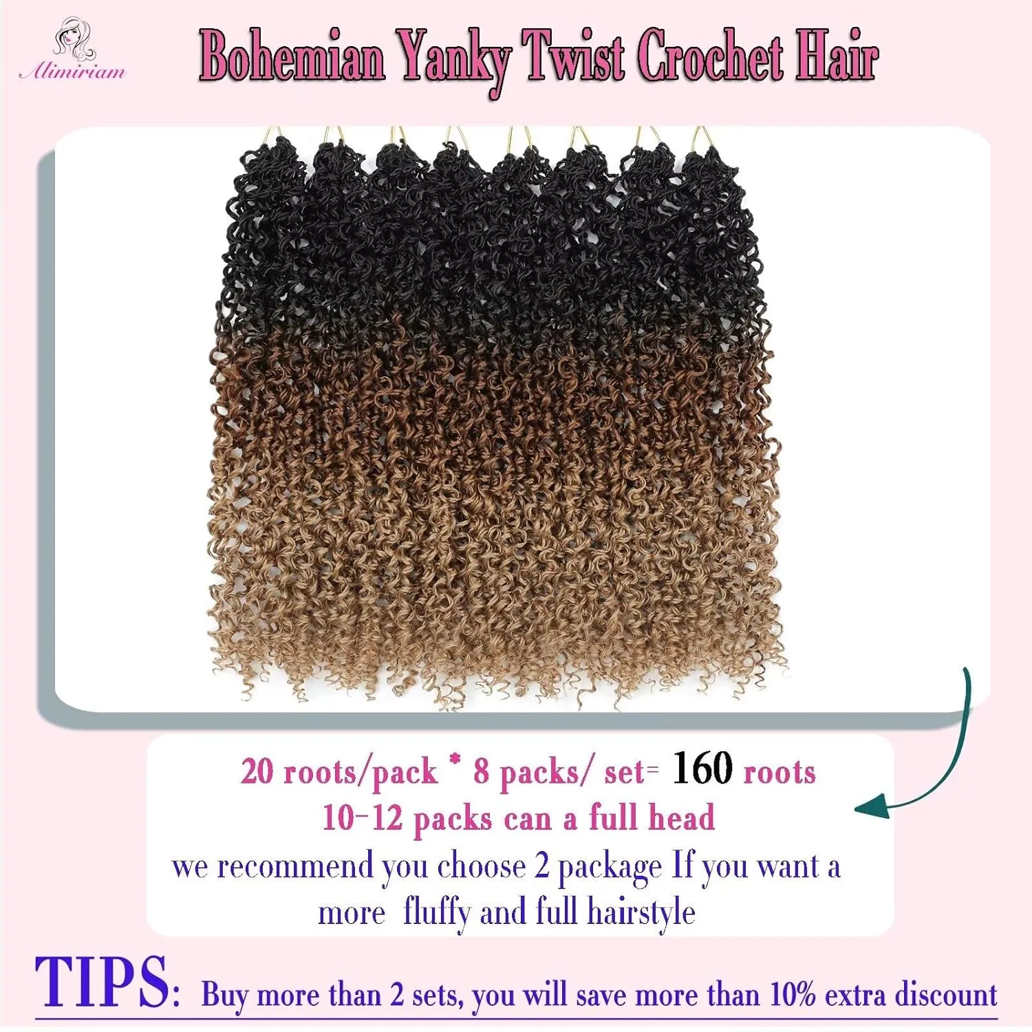Alimiriam Pre-looped Pre-twisted Yanky Twist Crochet Hair 8Packs 12inch Brown Curly Crochet Braids #OT/30/27