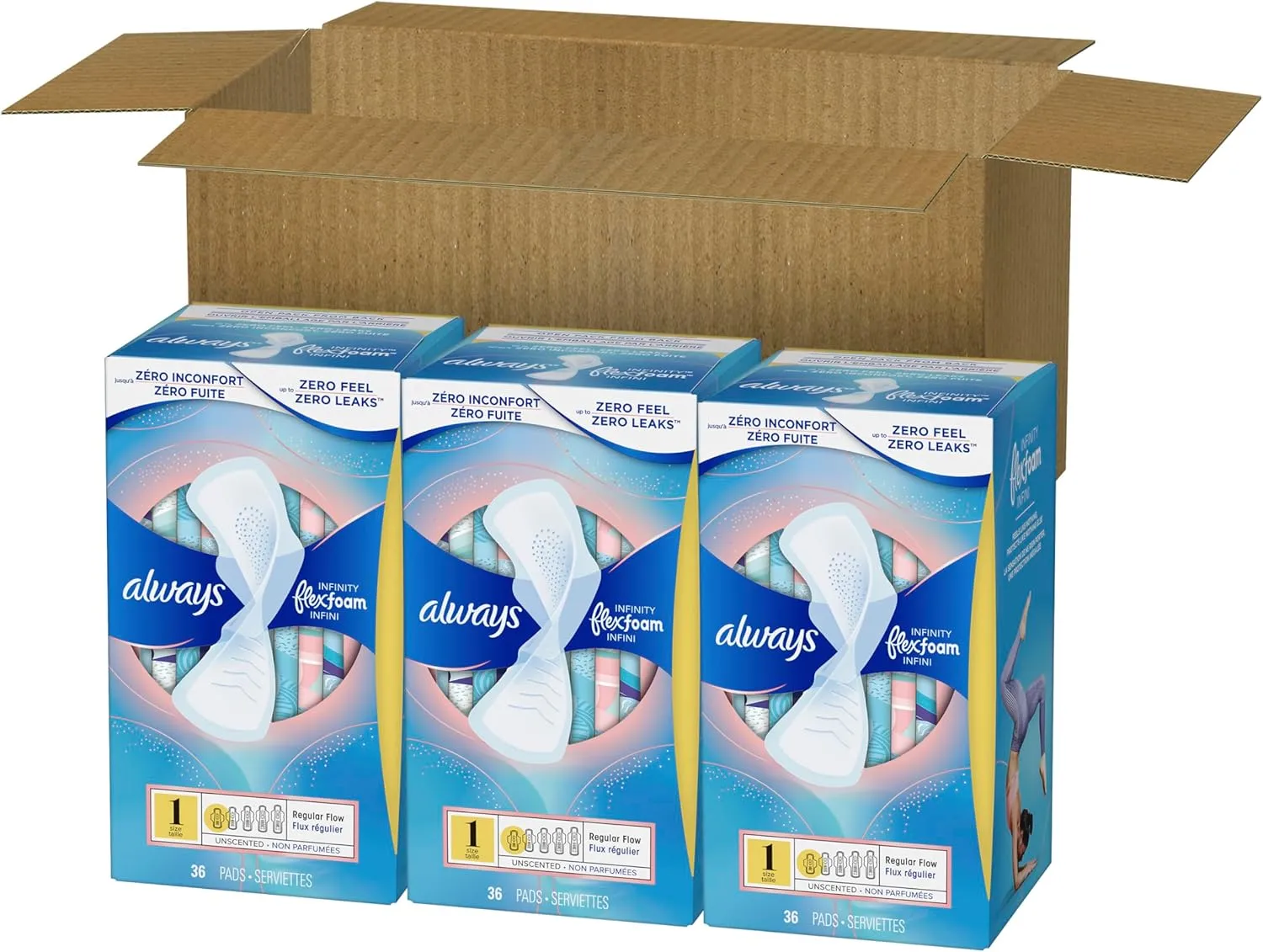 Always Infinity Feminine Pads For Women, Size 1 Regular Absorbency, Multipack, With Wings, With Flexfoam, Unscented, 36 Count x 3 Packs (108 Count total)