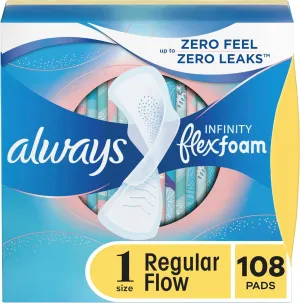 Always Infinity Feminine Pads For Women, Size 1 Regular Absorbency, Multipack, With Wings, With Flexfoam, Unscented, 36 Count x 3 Packs (108 Count total)