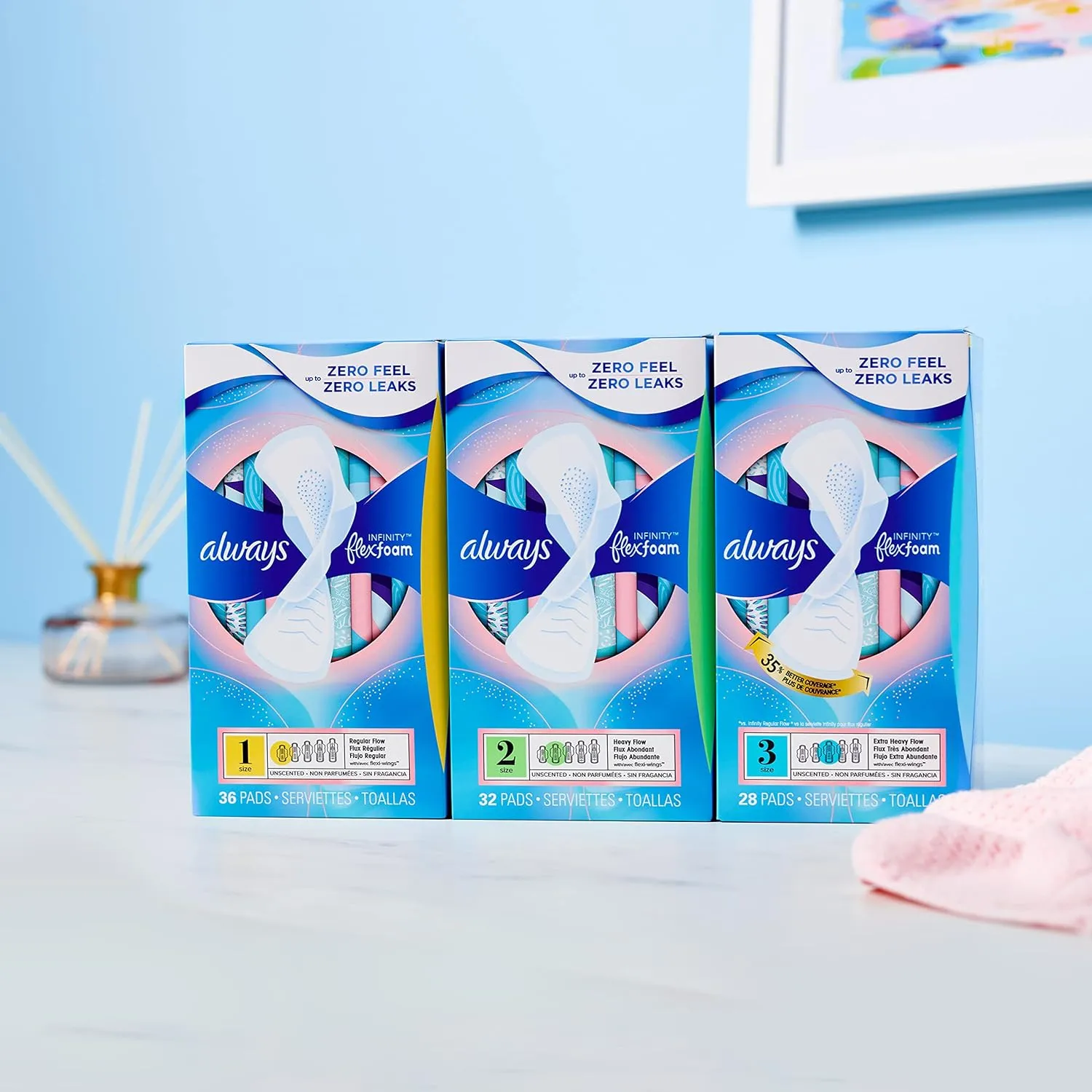 Always Infinity Feminine Pads For Women, Size 1 Regular Absorbency, Multipack, With Wings, With Flexfoam, Unscented, 36 Count x 3 Packs (108 Count total)