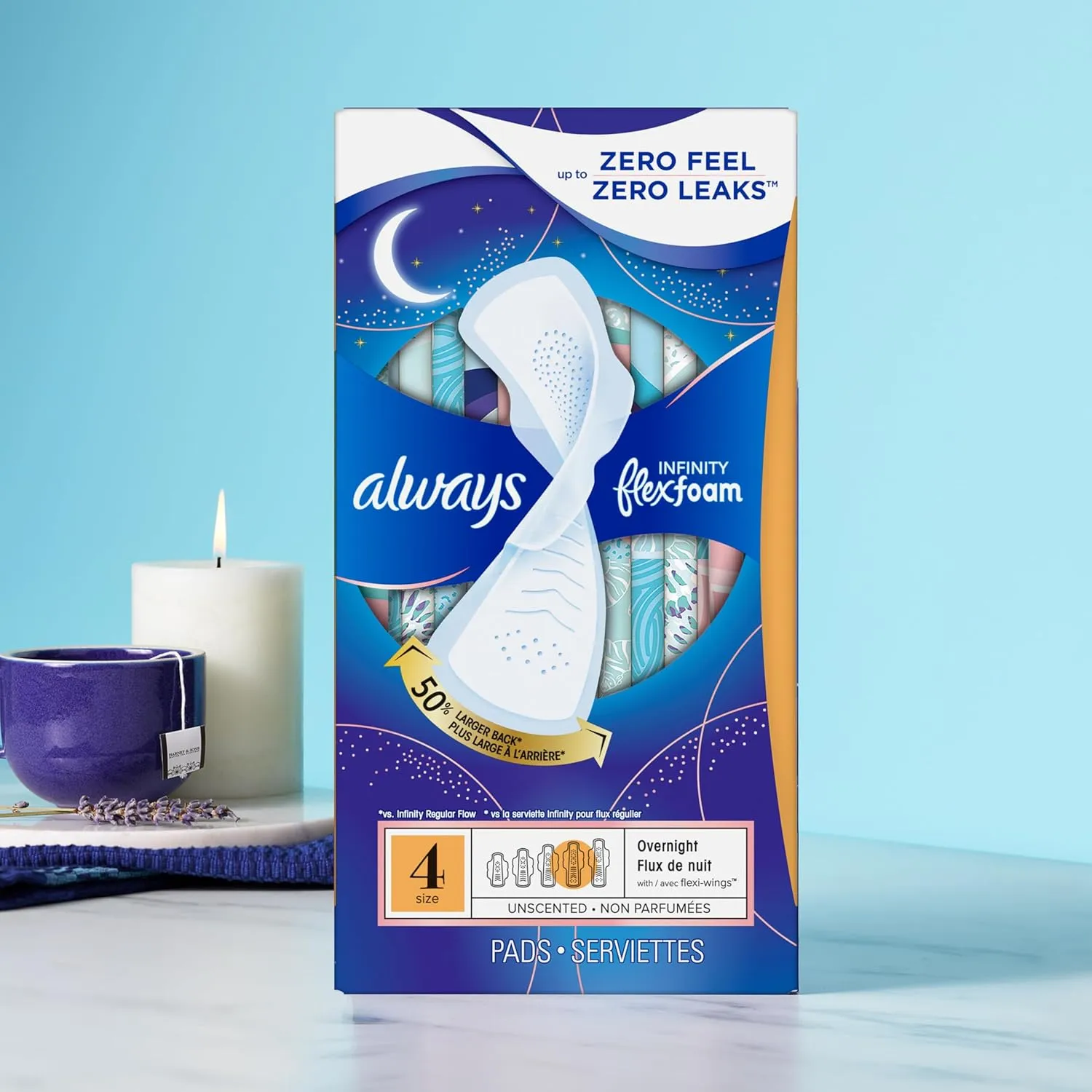 Always Infinity Feminine Pads for Women, Size 4 Overnight Absorbency, Multipack, with Flexfoam, with Wings, Unscented, 26 Count x 3 Packs (78 Count Total)