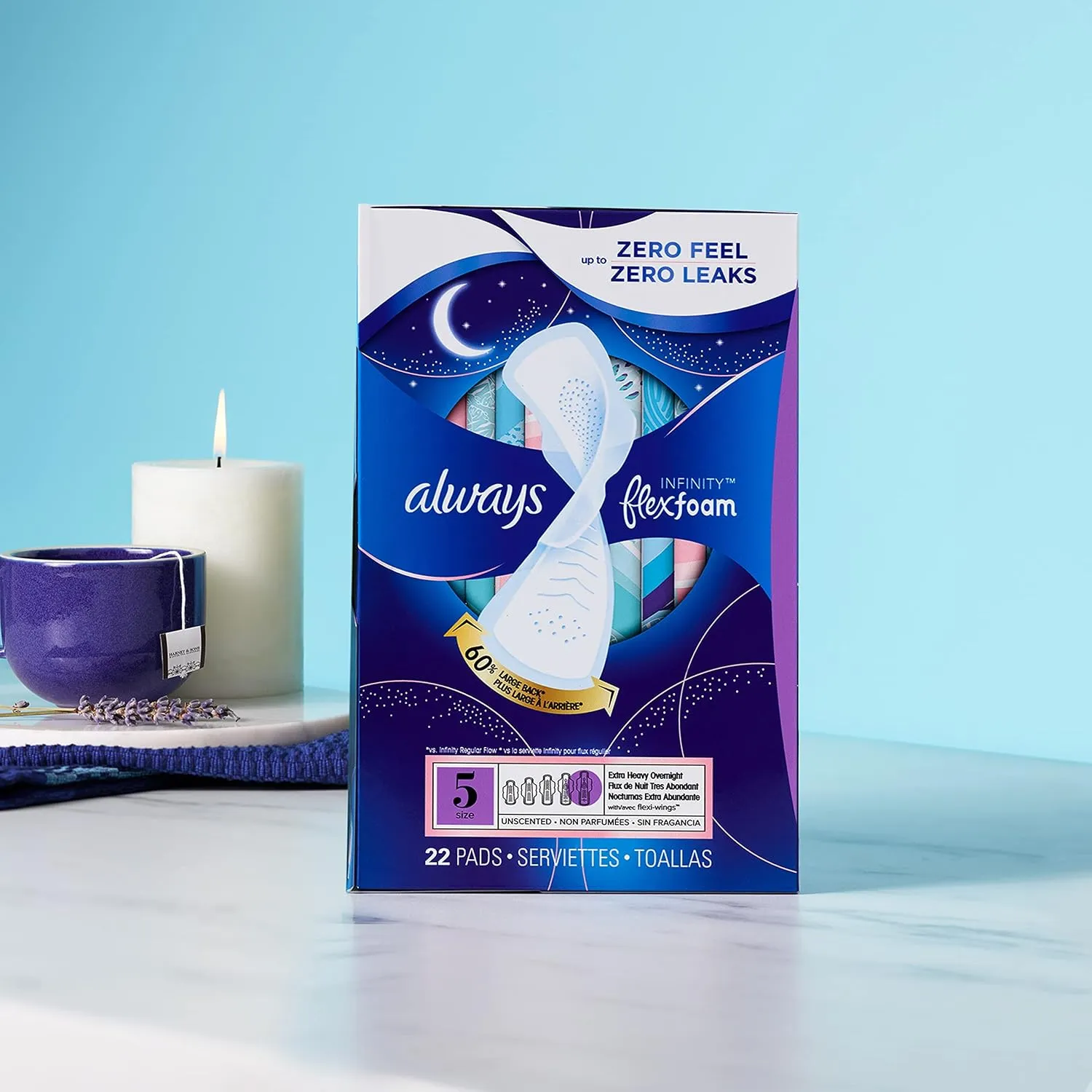 Always Infinity Feminine Pads for Women, Size 5 Extra Heavy Overnight, with Wings, unscented, 30 Count