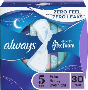Always Infinity Feminine Pads for Women, Size 5 Extra Heavy Overnight, with Wings, unscented, 30 Count