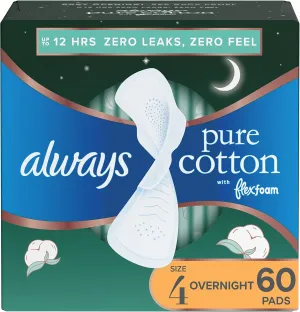 Always Pure Cotton, Feminine Pads for Women, Size 4 Overnight Absorbency, Multipack, with Flexfoam, with Wings, Unscented, 20 Count x 3 Packs (60 Count Total)