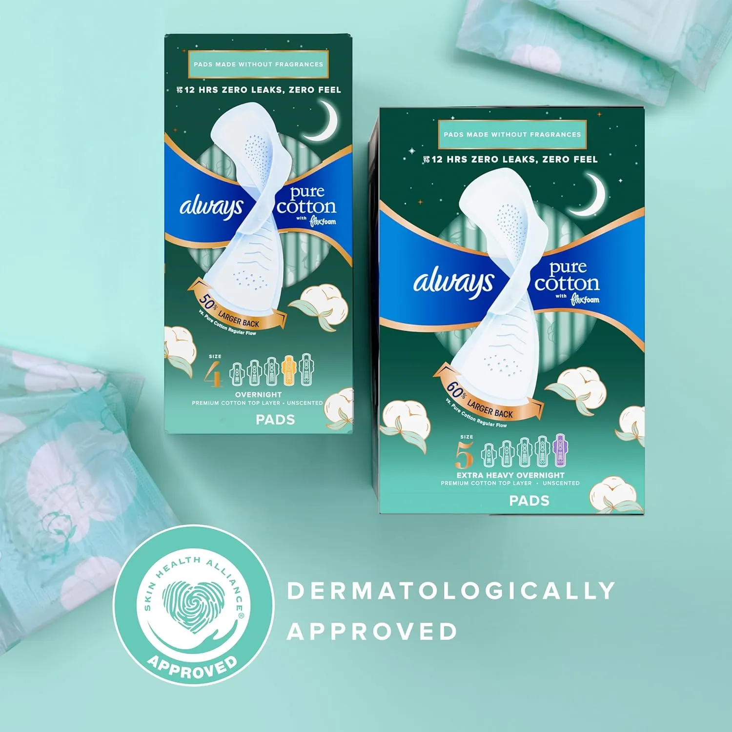 Always Pure Cotton, Feminine Pads for Women, Size 4 Overnight Absorbency, Multipack, with Flexfoam, with Wings, Unscented, 20 Count x 3 Packs (60 Count Total)