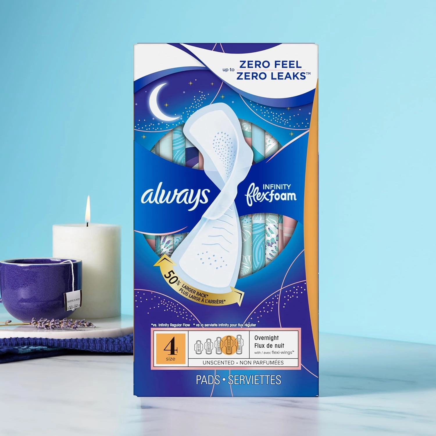 Always Infinity Feminine Pads for Women, Size 4 Overnight Absorbency, Multipack, with Flexfoam, with Wings, Unscented, 26 Count x 3 Packs (78 Count Total)
