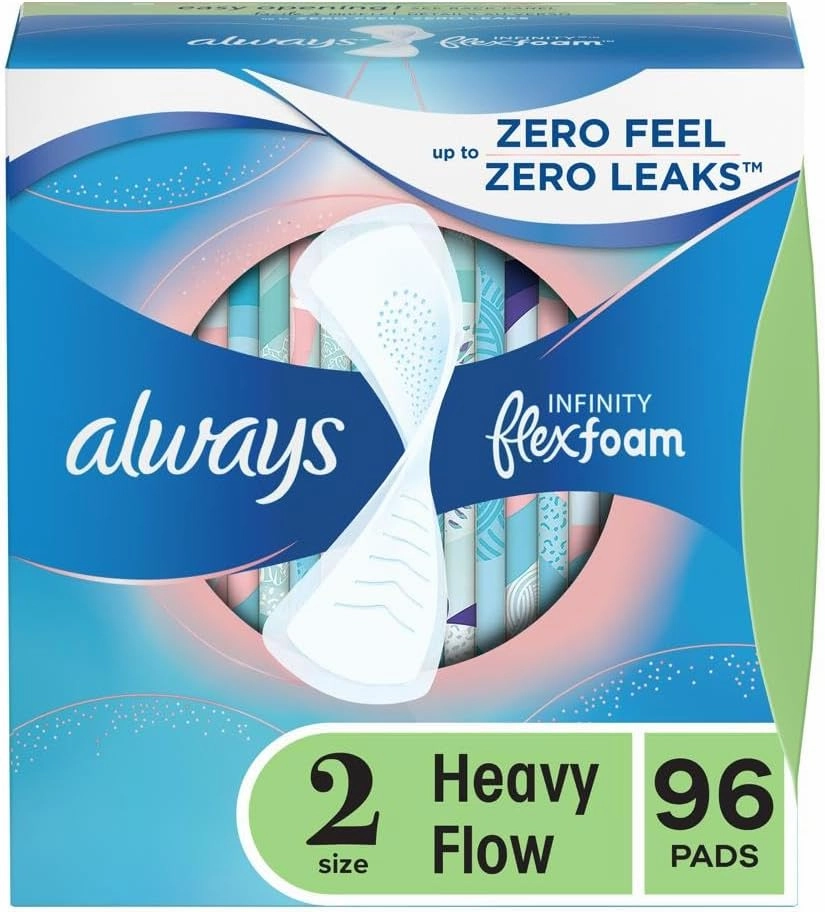 Always Infinity Flexfoam Feminine Pads for Women, Size 2, Heavy, without wings, Unscented, 32ct X 3 Packs (96 Count Total)