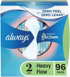 Always Infinity Flexfoam Feminine Pads for Women, Size 2, Heavy, without wings, Unscented, 32ct X 3 Packs (96 Count Total)