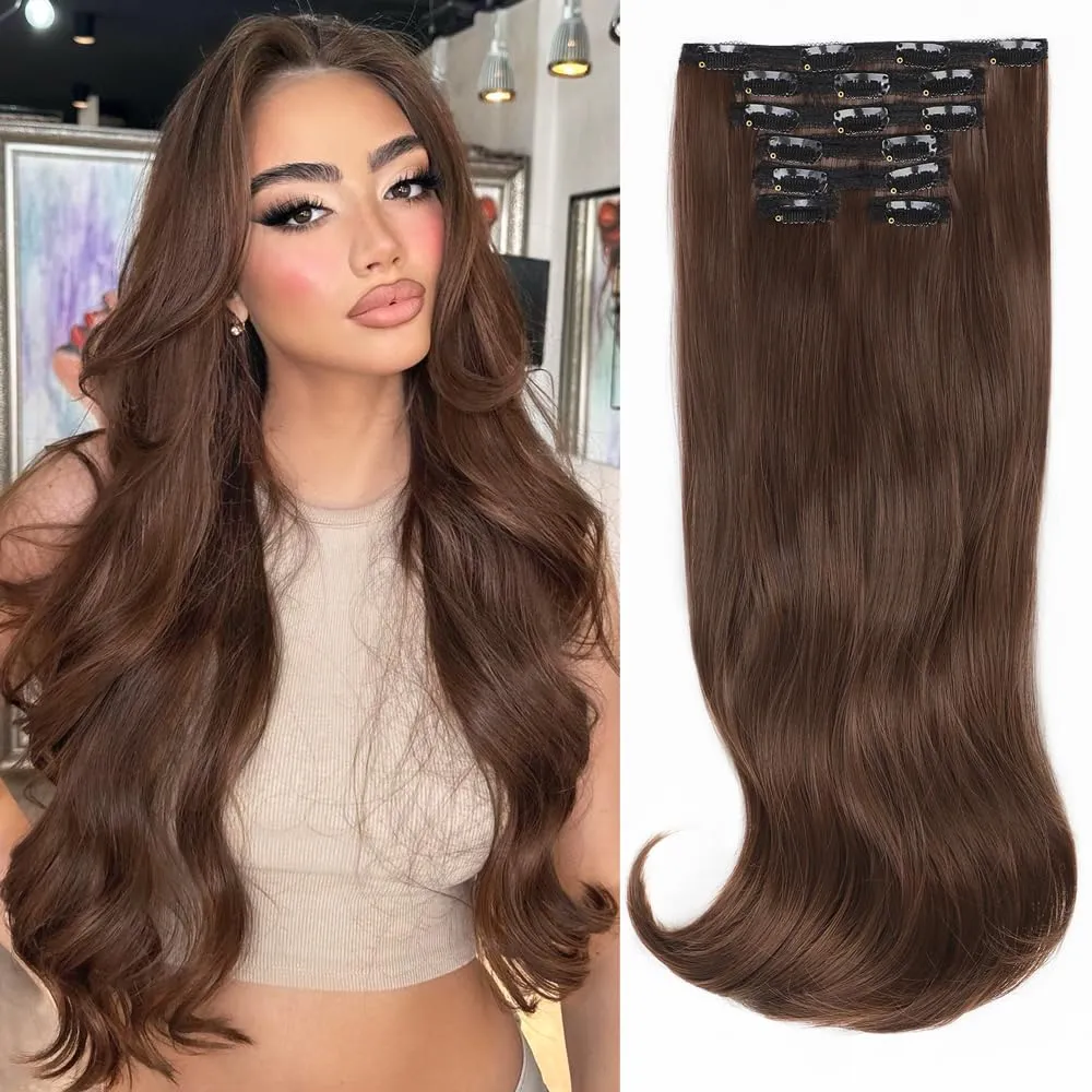 ALXNAN Clip in Hair Extensions, Hair Extensions Thick Long Stright Layered Hair Extensions Light Brown 20Inch Soft Lace Weft Hair Extensions for Women