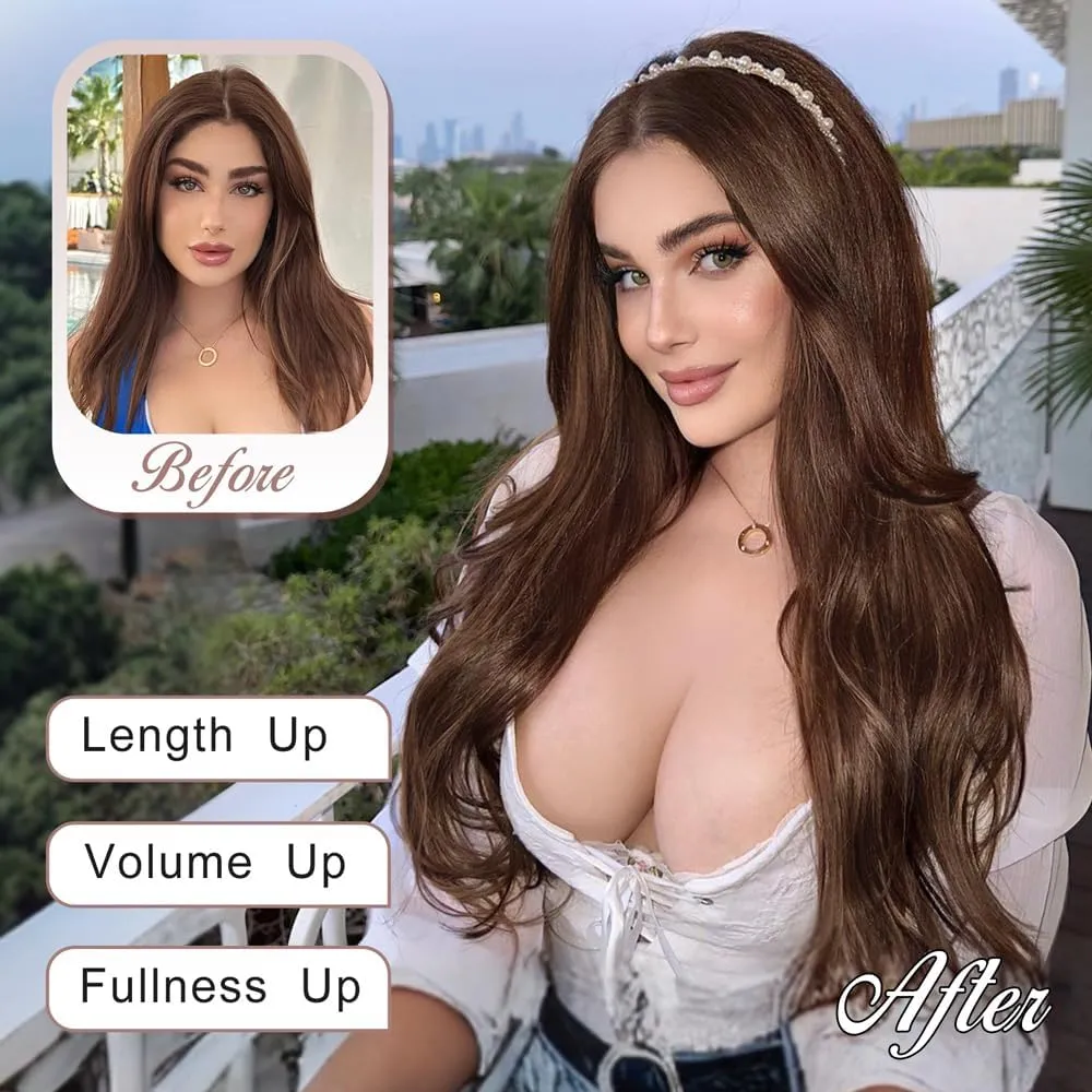 ALXNAN Clip in Hair Extensions, Hair Extensions Thick Long Stright Layered Hair Extensions Light Brown 20Inch Soft Lace Weft Hair Extensions for Women
