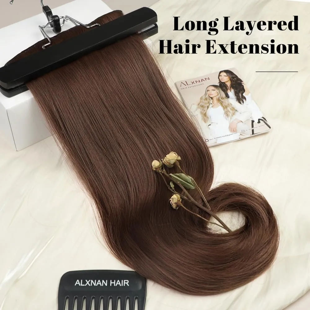 ALXNAN Clip in Hair Extensions, Hair Extensions Thick Long Stright Layered Hair Extensions Light Brown 20Inch Soft Lace Weft Hair Extensions for Women