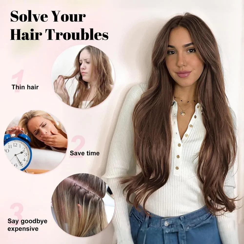 ALXNAN Clip in Hair Extensions, Hair Extensions Thick Long Stright Layered Hair Extensions Light Brown 20Inch Soft Lace Weft Hair Extensions for Women