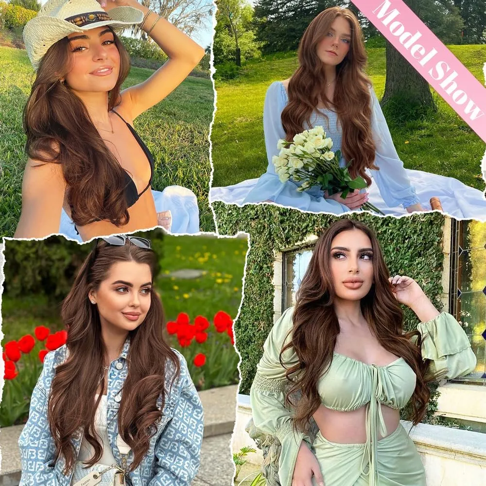 ALXNAN Clip in Hair Extensions, Hair Extensions Thick Long Stright Layered Hair Extensions Light Brown 20Inch Soft Lace Weft Hair Extensions for Women