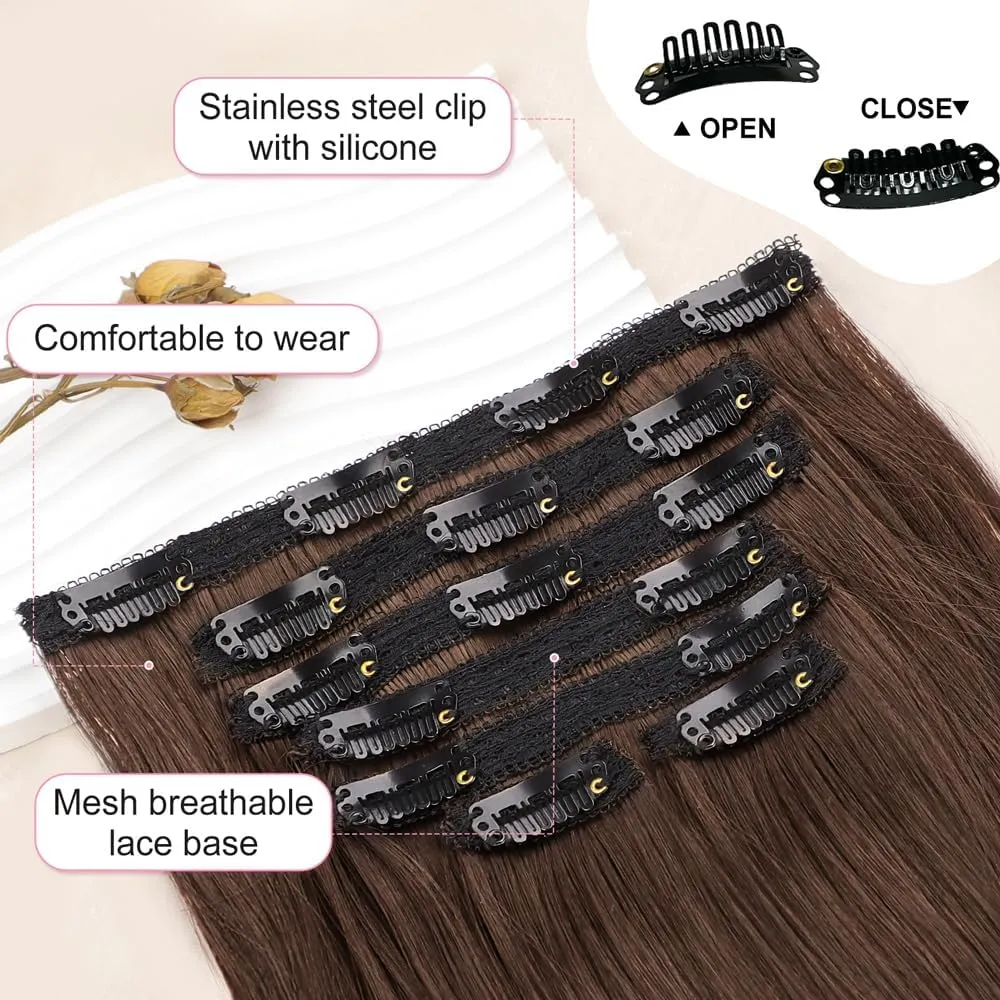 ALXNAN Clip in Hair Extensions, Hair Extensions Thick Long Stright Layered Hair Extensions Light Brown 20Inch Soft Lace Weft Hair Extensions for Women