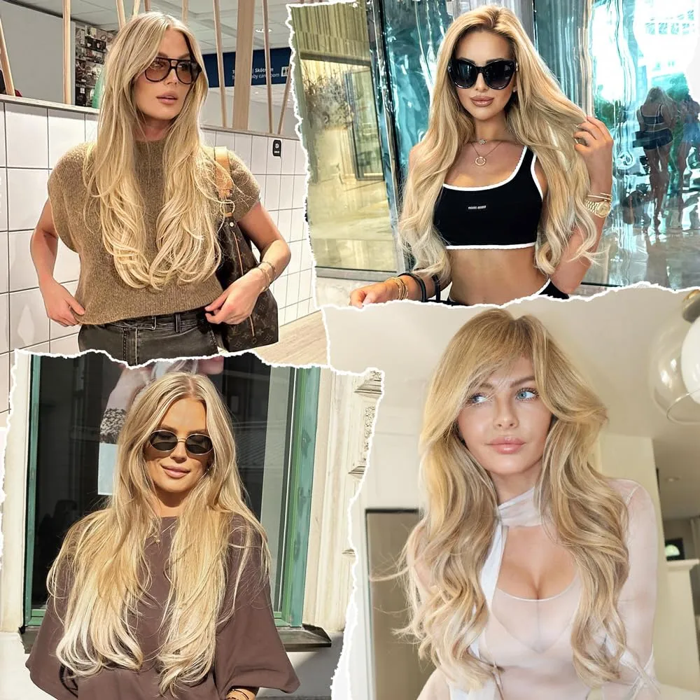 ALXNAN Clip in Hair Extensions, Thick Long Straight Layered Hair Extensions Blonde with Light Ends 20 Inch Soft Lace Weft for Women