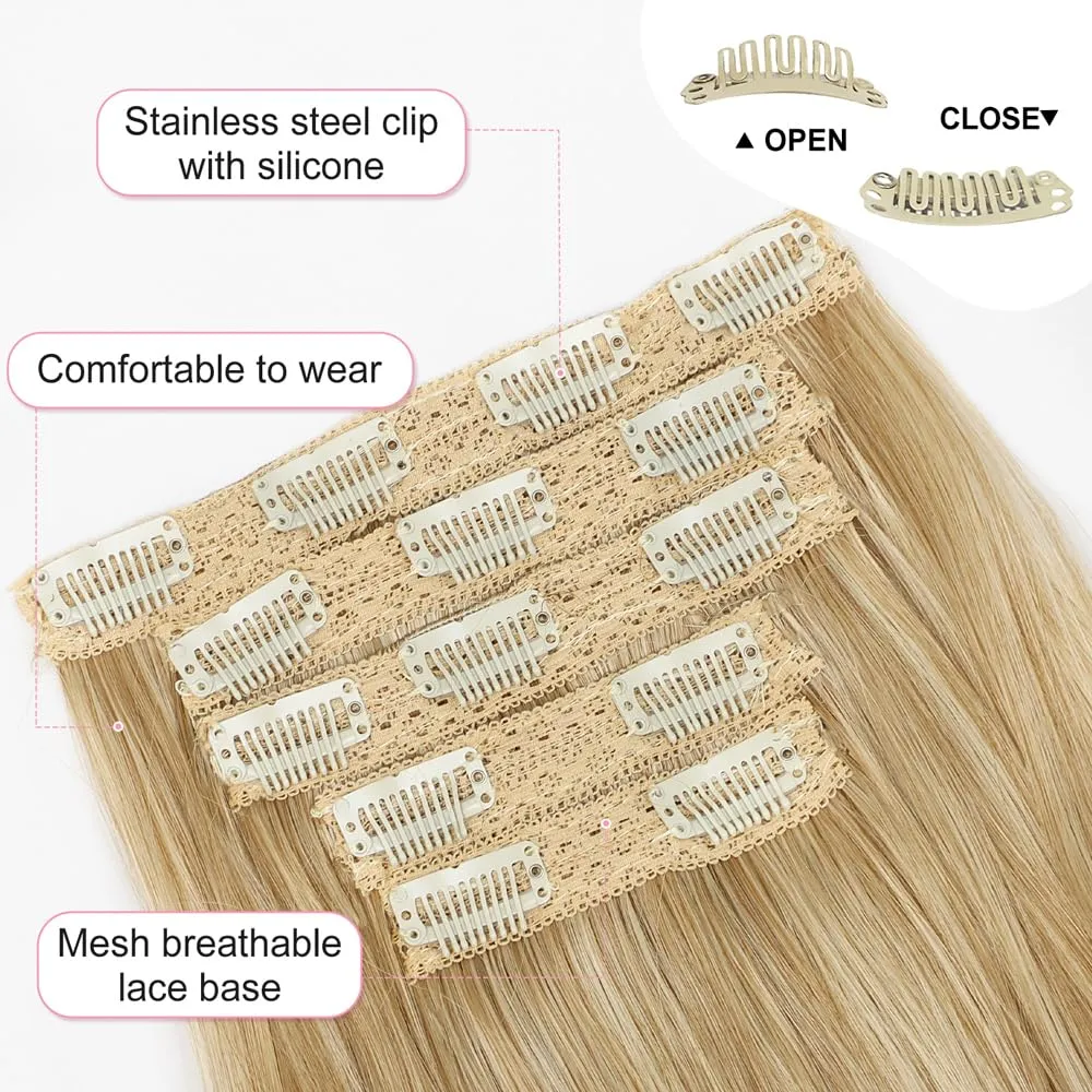 ALXNAN Clip in Hair Extensions, Thick Long Straight Layered Hair Extensions Blonde with Light Ends 20 Inch Soft Lace Weft for Women