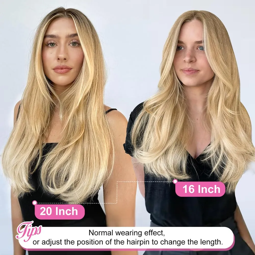 ALXNAN Clip in Hair Extensions, Thick Long Straight Layered Hair Extensions Blonde with Light Ends 20 Inch Soft Lace Weft for Women