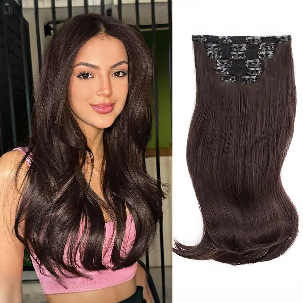 ALXNAN Clip-in Hair Extensions, Thick Long Straight Layered Hair Extensions Dark Brown 16 Inch Soft Lace Weft for Women