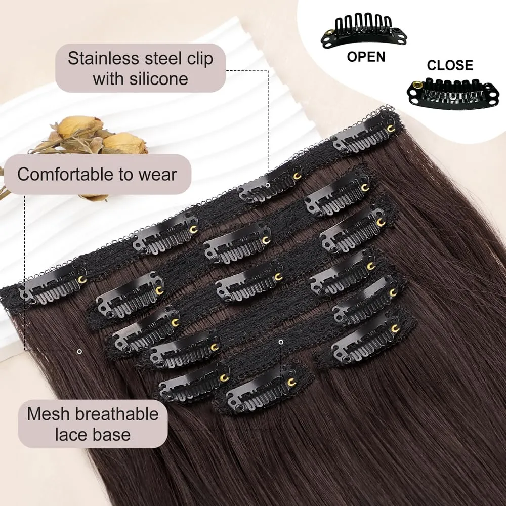 ALXNAN Clip-in Hair Extensions, Thick Long Straight Layered Hair Extensions Dark Brown 16 Inch Soft Lace Weft for Women