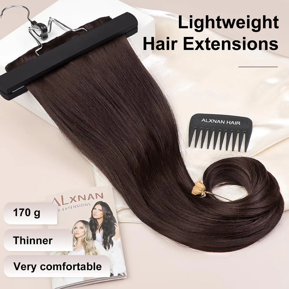 ALXNAN Clip-in Hair Extensions, Thick Long Straight Layered Hair Extensions Dark Brown 16 Inch Soft Lace Weft for Women