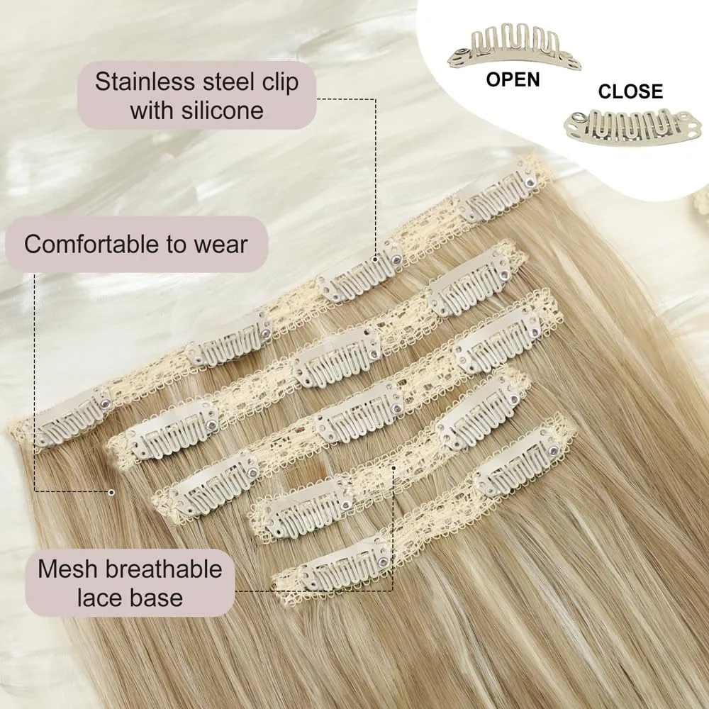 ALXNAN Clip in Hair Extensions - Thick Long Straight Layered Hair Extensions, Dirty Blonde Mixed Bleach Blonde, 20 Inch Soft Lace Weft