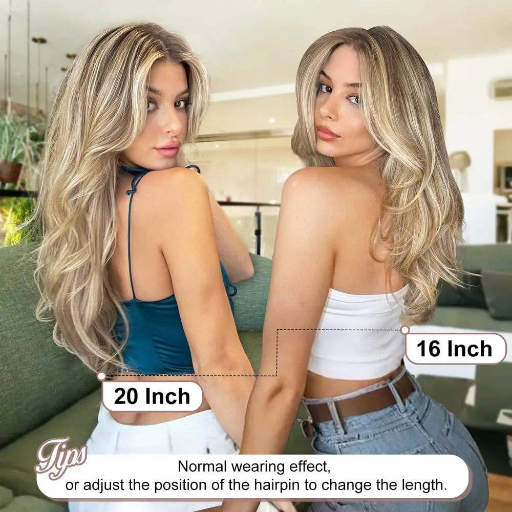 ALXNAN Clip in Hair Extensions - Thick Long Straight Layered Hair Extensions, Dirty Blonde Mixed Bleach Blonde, 20 Inch Soft Lace Weft