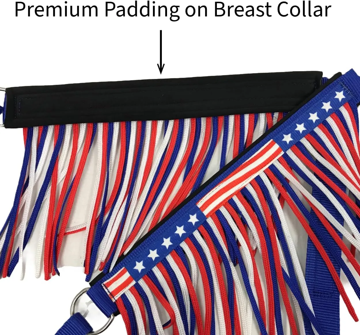American Flag Double Layered Nylon Patriotic Padded Headstall, Reins and Breast Collar with Fringes 3 Items Set