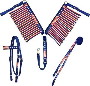 American Flag Double Layered Nylon Patriotic Padded Headstall, Reins and Breast Collar with Fringes 3 Items Set
