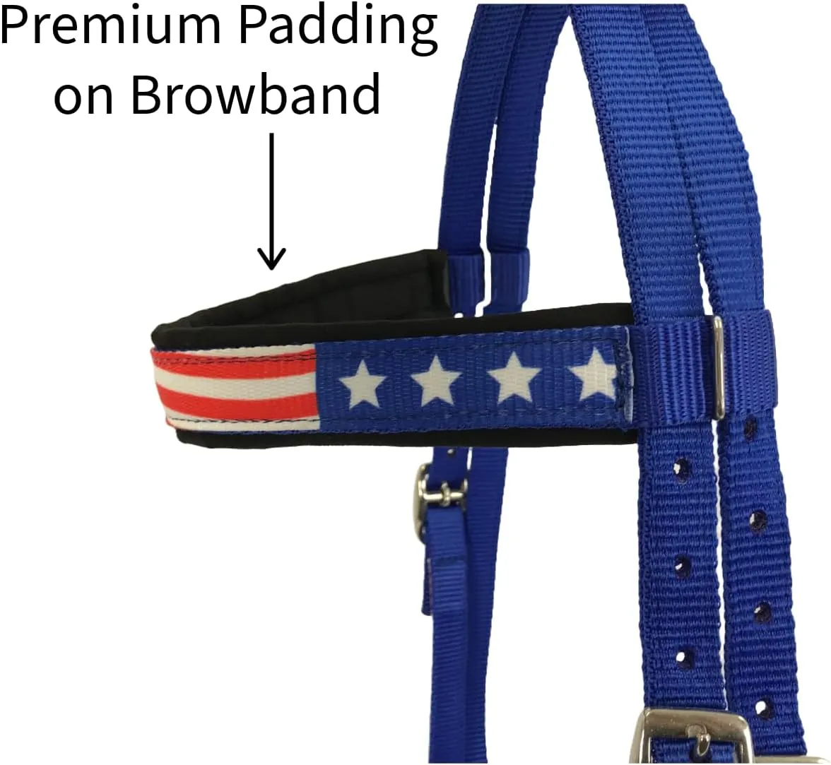 American Flag Double Layered Nylon Patriotic Padded Headstall, Reins and Breast Collar with Fringes 3 Items Set