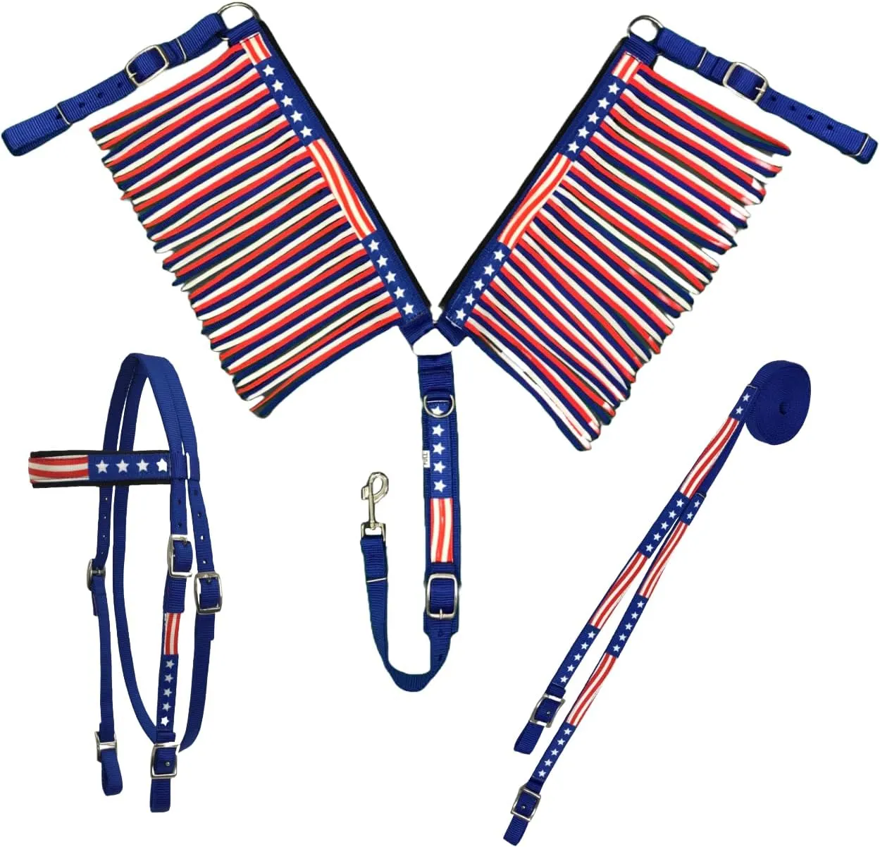 American Flag Double Layered Nylon Patriotic Padded Headstall, Reins and Breast Collar with Fringes 3 Items Set