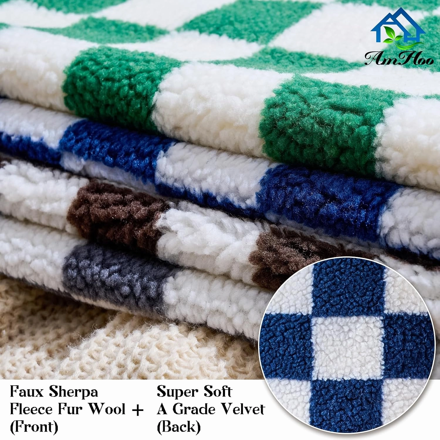 AmHoo Pack of 2 Decorative Throw Pillow Covers Checkerboard Luxury Super Soft Faux Fur Wool Set Case Cushion for Couch Sofa Bedroom 18 x 18-Inch Green