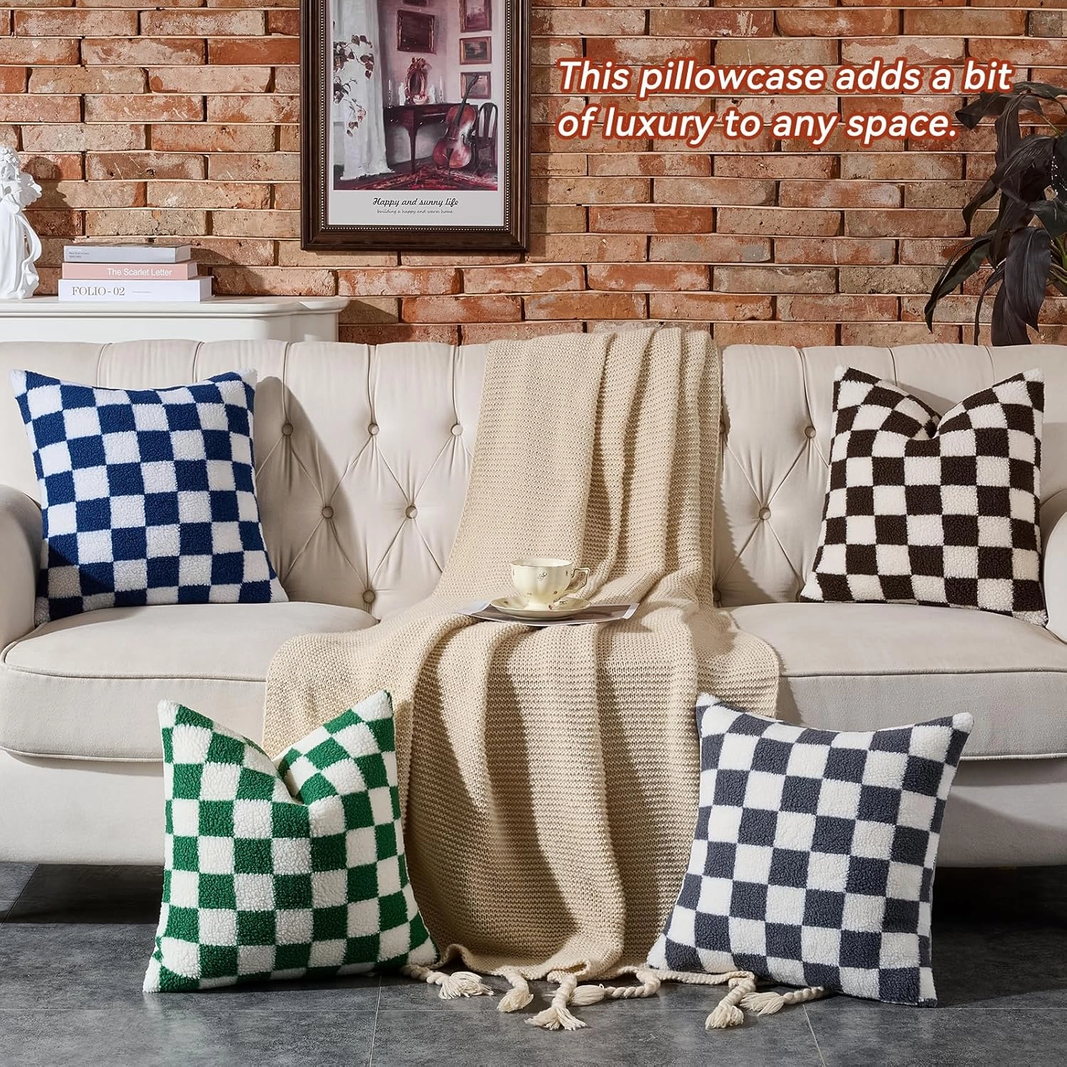 AmHoo Pack of 2 Decorative Throw Pillow Covers Checkerboard Luxury Super Soft Faux Fur Wool Set Case Cushion for Couch Sofa Bedroom 18 x 18-Inch Green