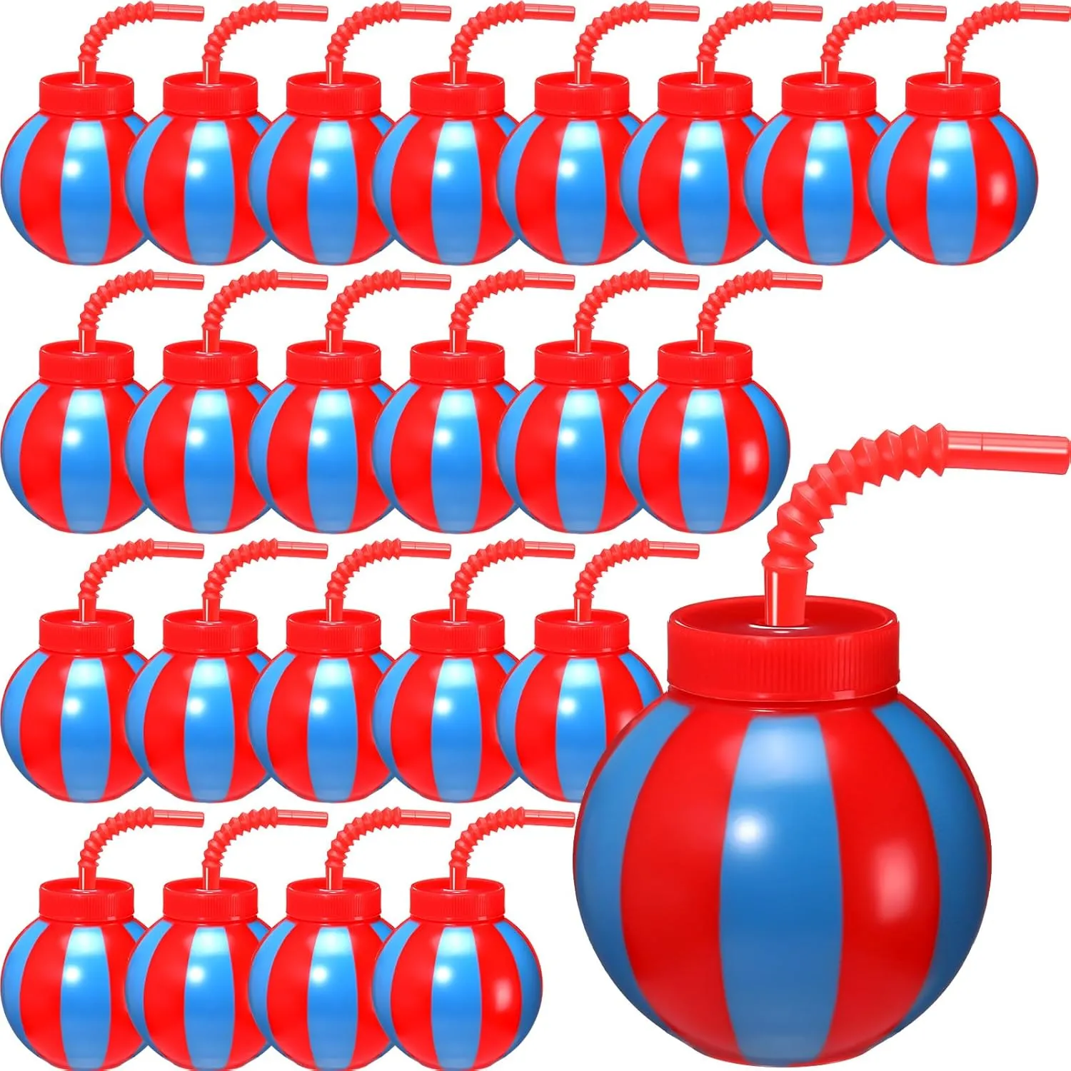 Amyhill 24 Set Circus Carnival Party Favors Plastic Circus Ball Cups with Straws and Lids, 10 oz Fun Red and Blue Cups Decorations Bulk for Event Birthday Carnival Party Supplies
