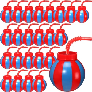 Amyhill 24 Set Circus Carnival Party Favors Plastic Circus Ball Cups with Straws and Lids, 10 oz Fun Red and Blue Cups Decorations Bulk for Event Birthday Carnival Party Supplies
