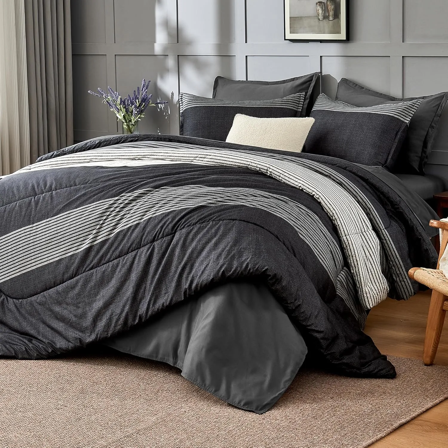 Andency Queen Comforter Set 7 Pieces Bed in a Bag - Black White Grey Striped Lightweight Soft Microfiber All Season Queen Size Bedding Set with Comforter, Fitted & Flat Sheet, Pillowcases & Shams
