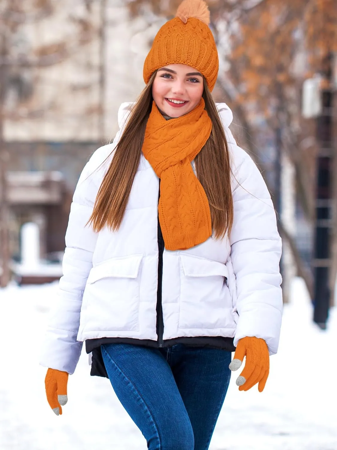 Aneco Women Winter Beanie Hat Scarf Gloves with Pom Pom Fleece Lined Touchscreen Gloves Set Thick Warm Knit Cap 3-in-1 Set