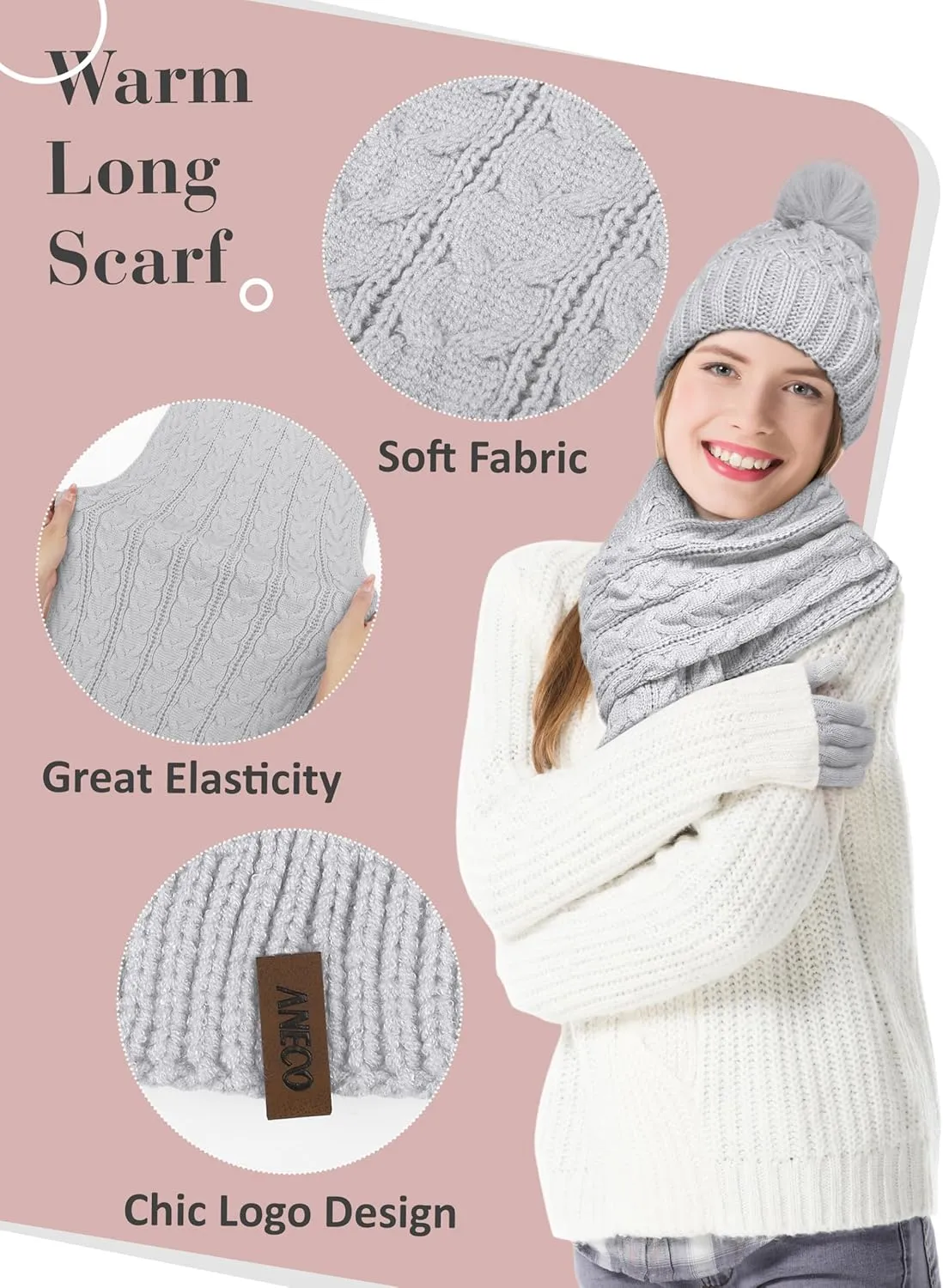 Aneco Women Winter Beanie Hat Scarf Gloves with Pom Pom Fleece Lined Touchscreen Gloves Set Thick Warm Knit Cap 3-in-1 Set