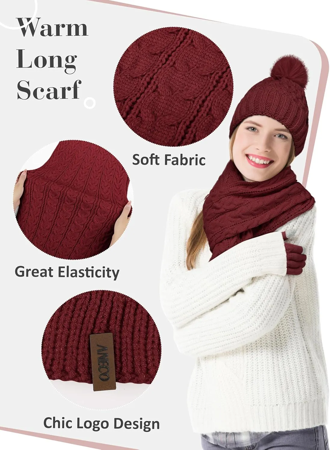 Aneco Women Winter Beanie Hat Scarf Gloves with Pom Pom Fleece Lined Touchscreen Gloves Set Thick Warm Knit Cap 3-in-1 Set
