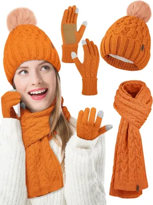 Aneco Women Winter Beanie Hat Scarf Gloves with Pom Pom Fleece Lined Touchscreen Gloves Set Thick Warm Knit Cap 3-in-1 Set