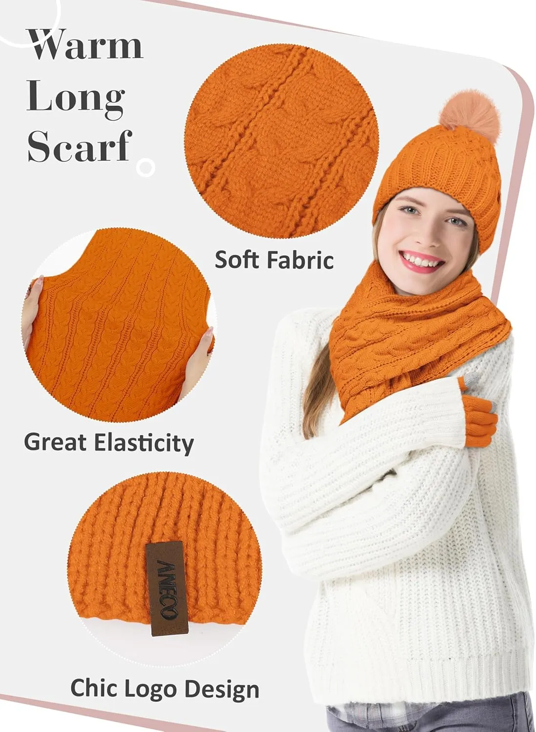 Aneco Women Winter Beanie Hat Scarf Gloves with Pom Pom Fleece Lined Touchscreen Gloves Set Thick Warm Knit Cap 3-in-1 Set