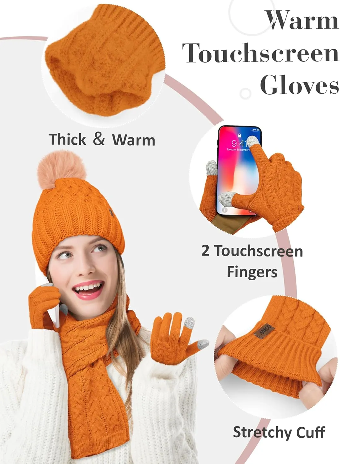 Aneco Women Winter Beanie Hat Scarf Gloves with Pom Pom Fleece Lined Touchscreen Gloves Set Thick Warm Knit Cap 3-in-1 Set