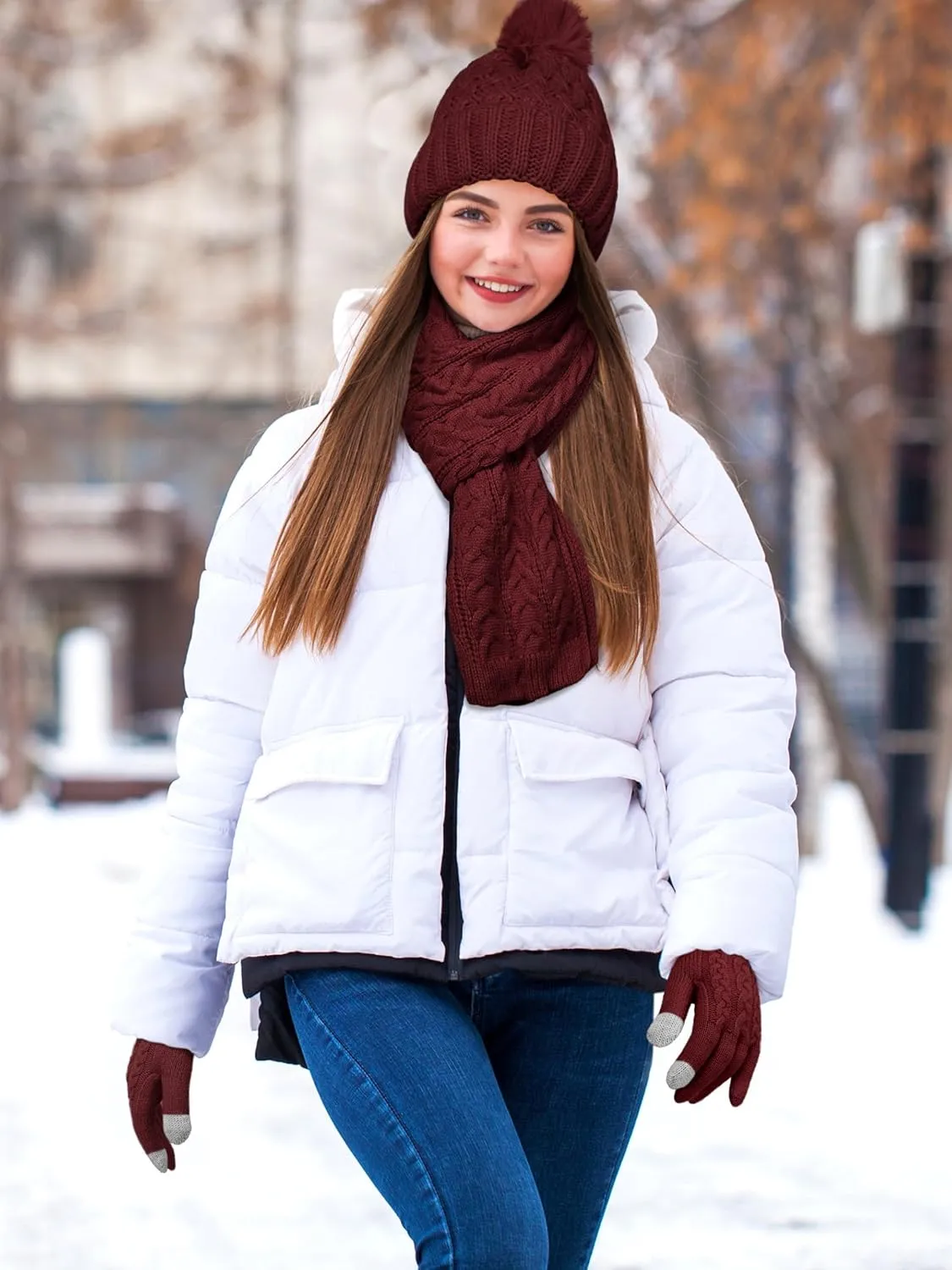 Aneco Women Winter Beanie Hat Scarf Gloves with Pom Pom Fleece Lined Touchscreen Gloves Set Thick Warm Knit Cap 3-in-1 Set