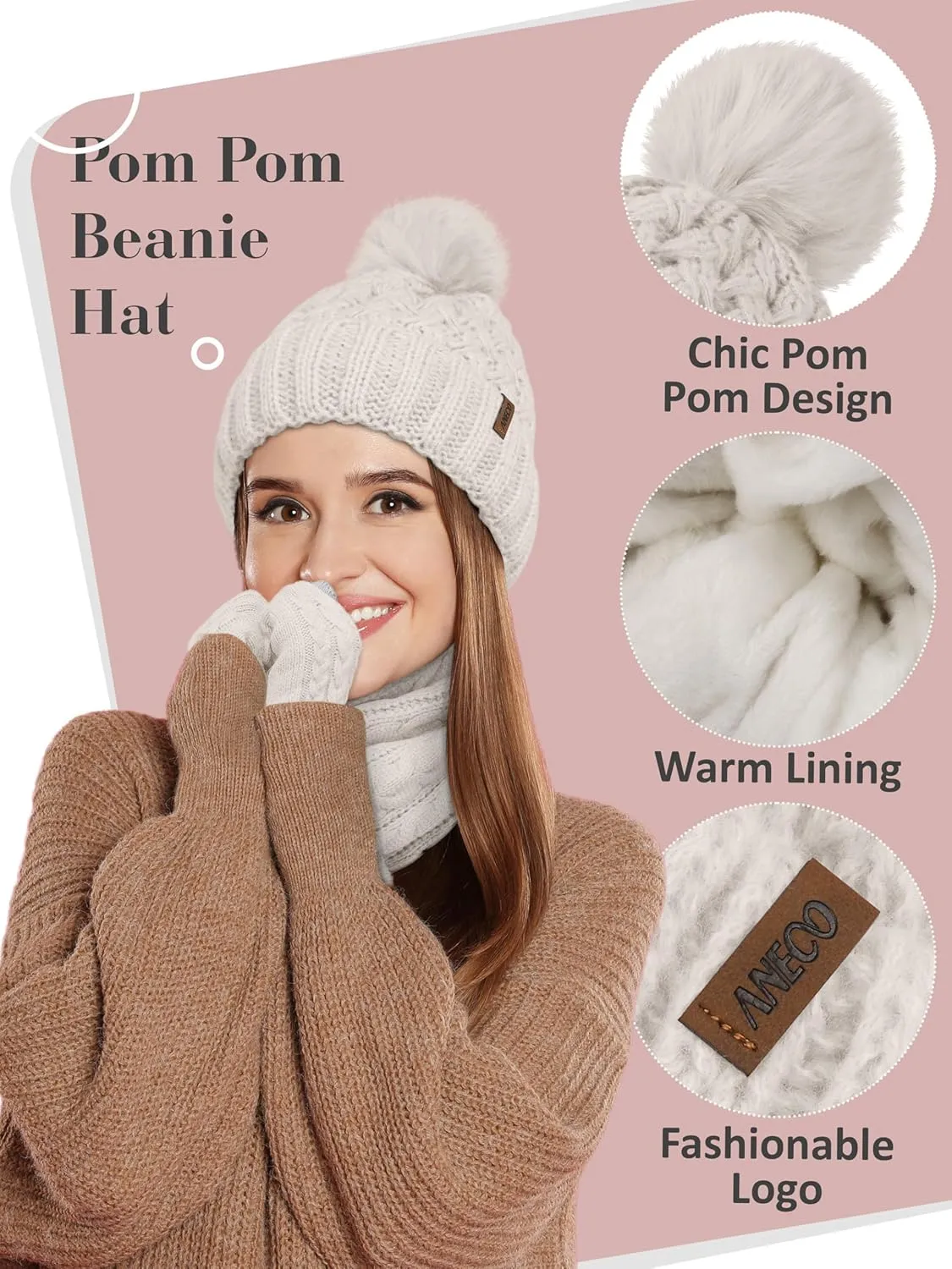 Aneco Women Winter Beanie Hat Scarf Gloves with Pom Pom Fleece Lined Touchscreen Gloves Set Thick Warm Knit Cap 3-in-1 Set